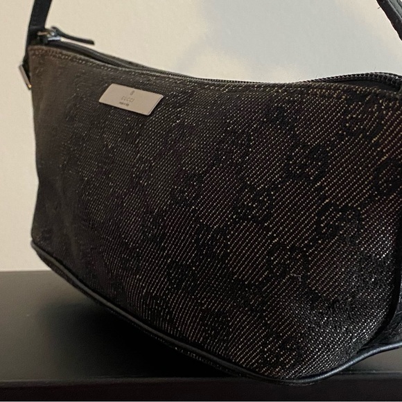 Authentic Vintage GUCCI Logos GG Pattern Canvas/Leather Boat Pochette Black - Picture 3 of 15